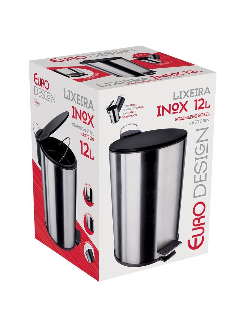 Lixeira euro home com pedal lix2256-pt em inox e pp – 12 l