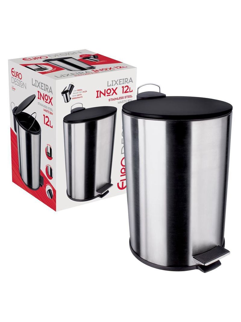 Lixeira euro home com pedal lix2256-pt em inox e pp – 12 l