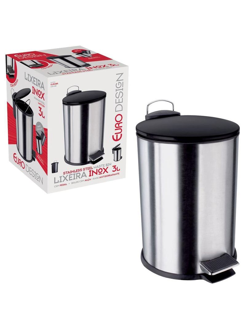 Lixeira euro home com pedal lix2317-pt em inox e pp – 3 l