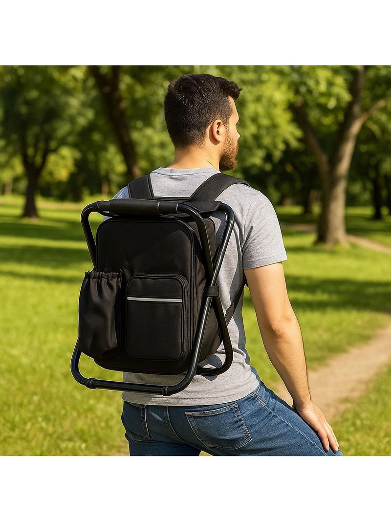 Banqueta Mochila Dobravel Vira Cadeira Bolsa Termica Portatil Multiuso Camping Pesqueiro Pesca 2 E 1 Preto