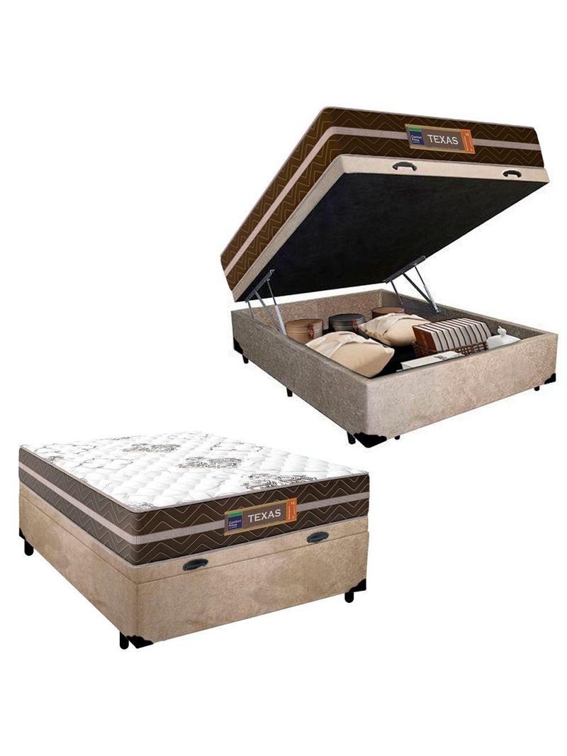 Cama Box Baú Casal Suede Colchão Molas Ensacadas Colchões 138cm Bege Suporta Até 120 Kg Por Pessoa