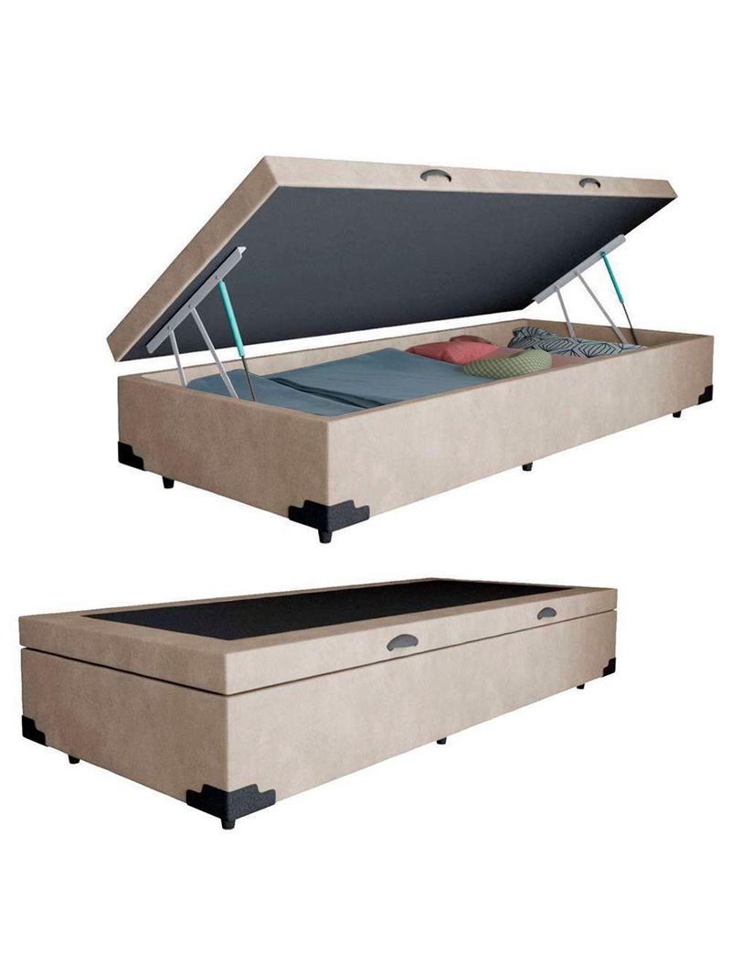 Cama Box Baú Solteiro Suede Cama Bege 88x188x45cm
