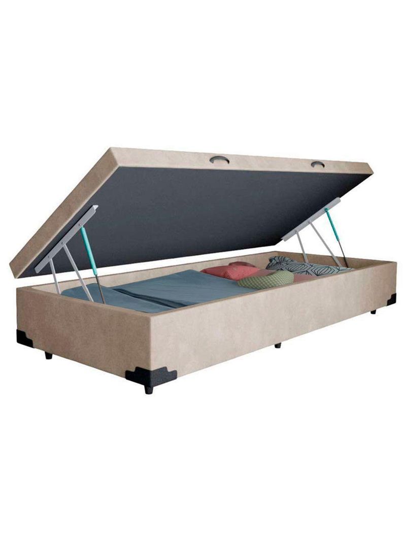 Cama Box Baú Solteiro Suede Cama Bege 88x188x45cm