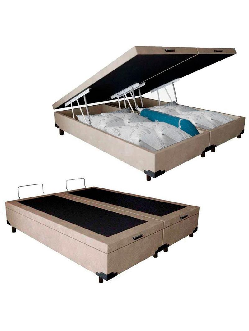 Cama Box Baú Queen Bipartido Suede Cama Bege 158x198x45cm