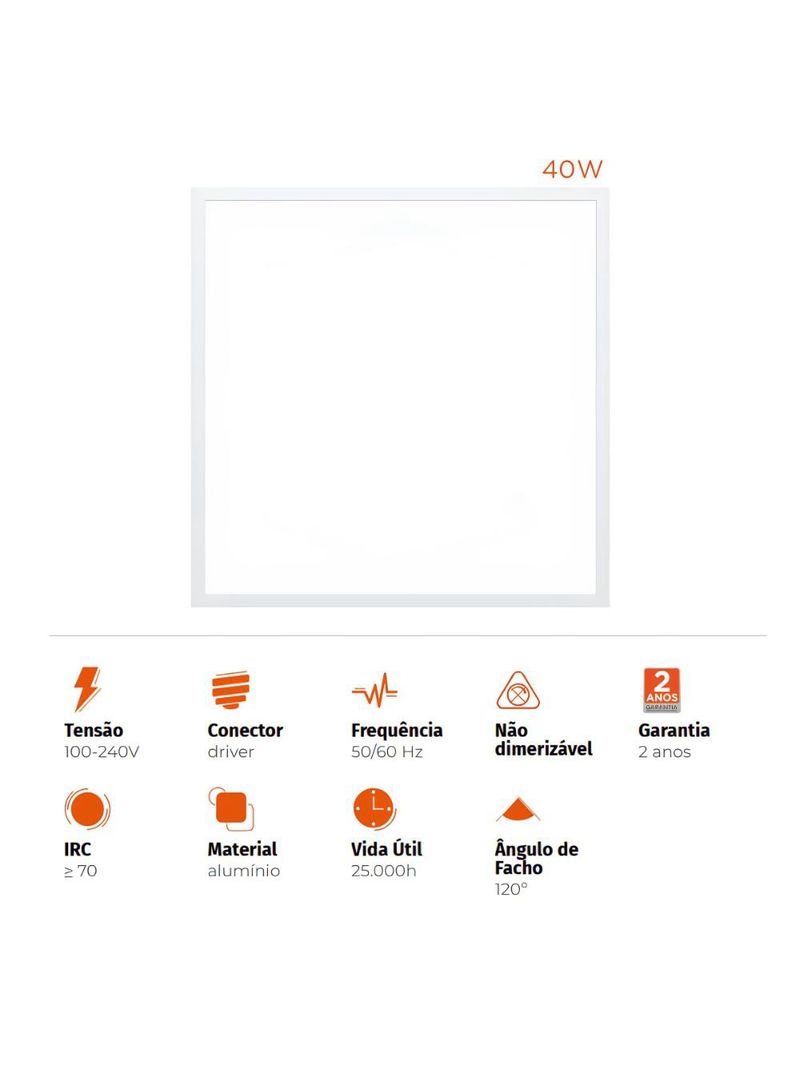 Painel led modular embutir 62x62cm 40w 4000k black+decker luz amarela neutra 3200lm bivolt branco