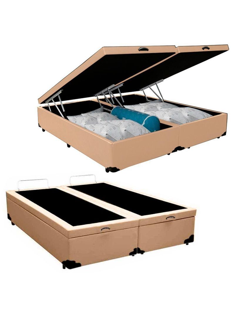 Cama Box Baú King Bipartido Sintético Cama Bege 192x203x45cm