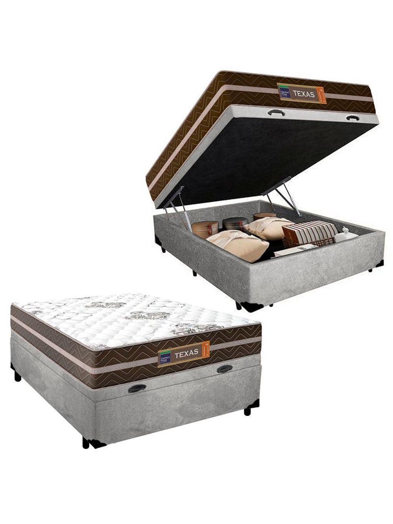 Cama Box Baú Casal Suede + Colchão Molas Ensacadas Texas Colchões 138x188x67cm Cinza