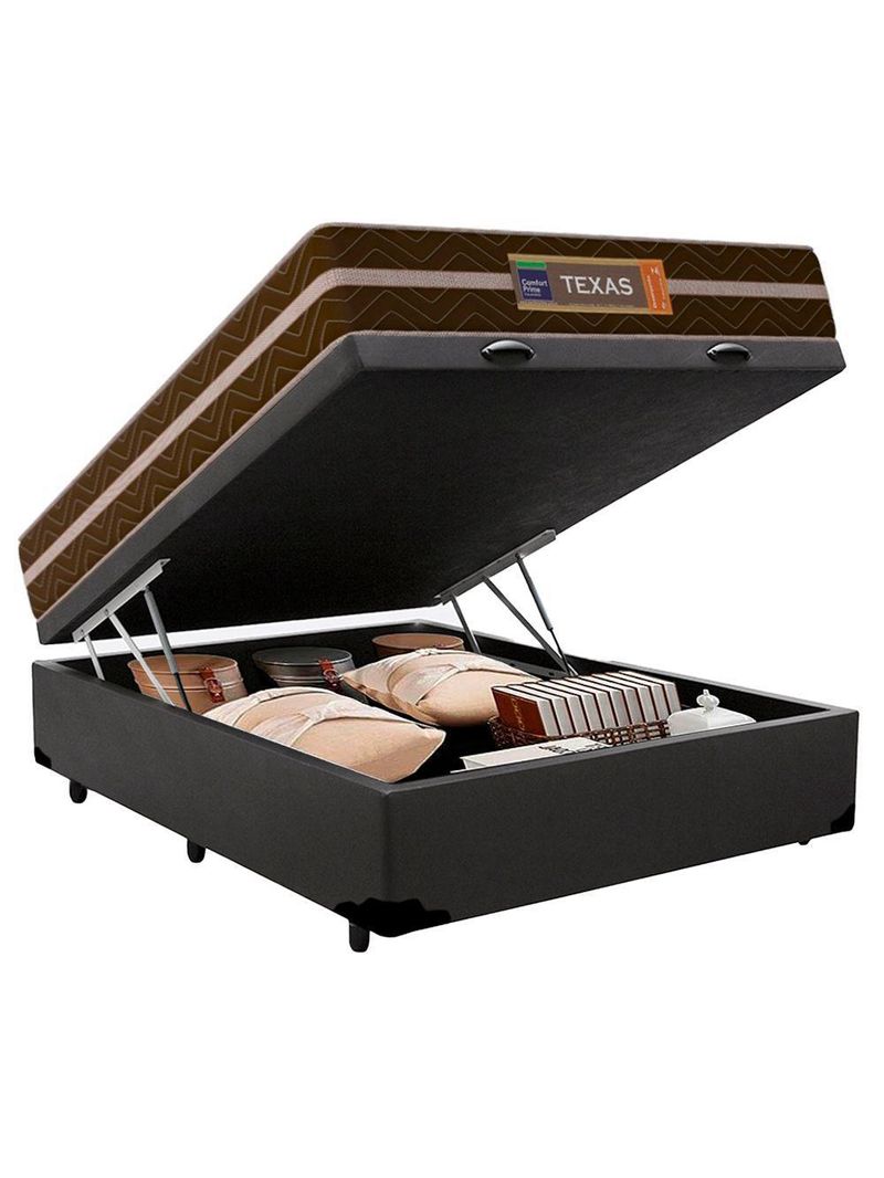 Cama Box Baú Casal Sintético + Colchão Molas Ensacadas Texas Colchões 138cm Cinza - Suporta Até 120 Kg Por Pessoa