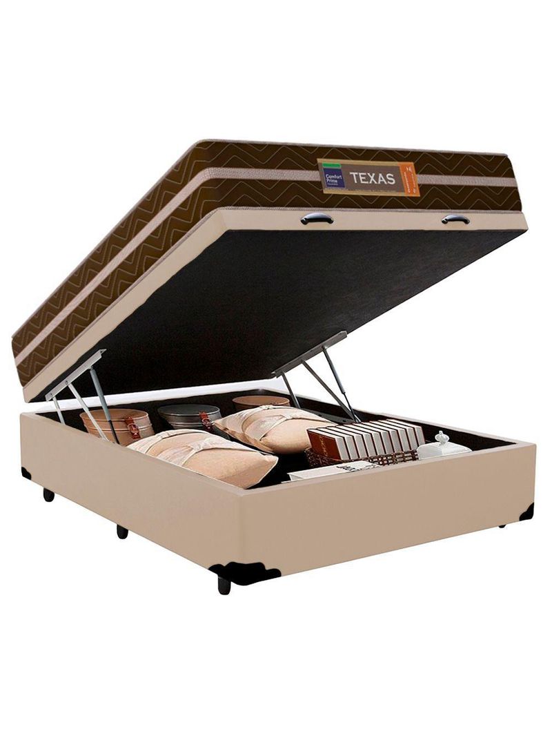 Cama Box Baú Casal Sintético Colchão Molas Ensacadas 138cm Bege Suporta Até 120 Kg Por Pessoa
