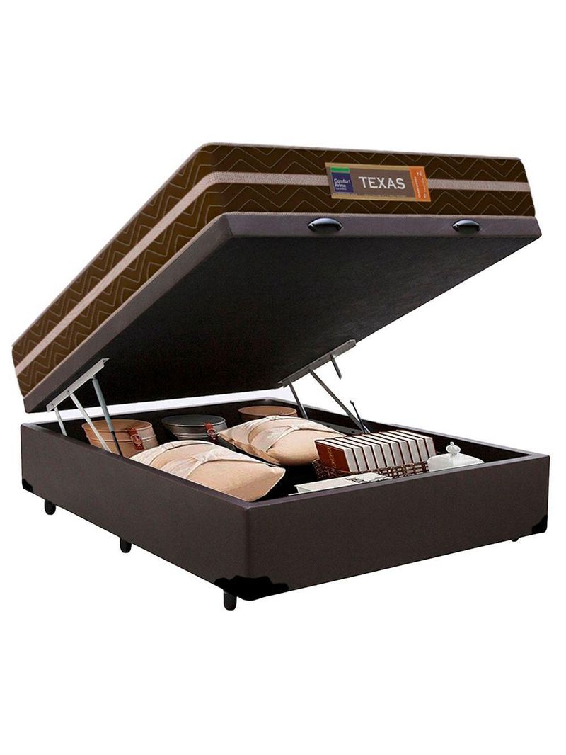 Cama Box Baú Casal Sintético + Colchão Molas Ensacadas Texas Colchões 138cm Marrom - Suporta Até 120 Kg Por Pessoa