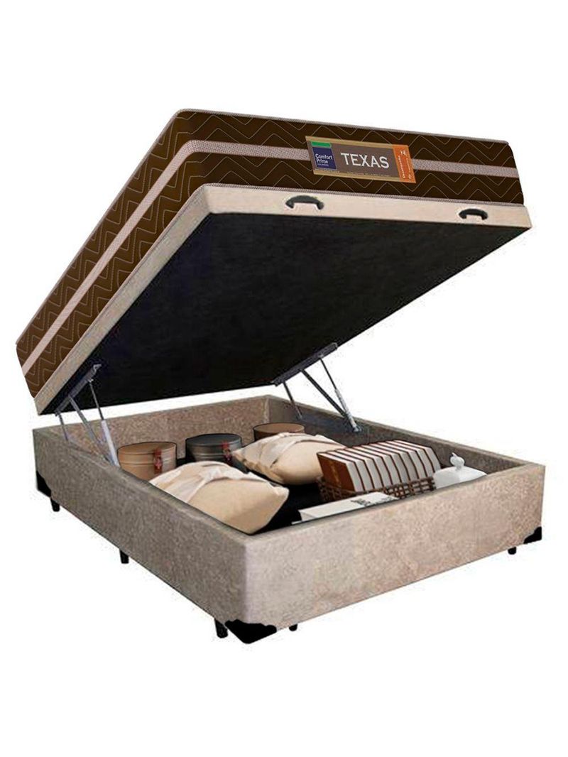 Cama Box Baú Casal Suede + Colchão Molas Ensacadas Texas Colchões Bege 138cm