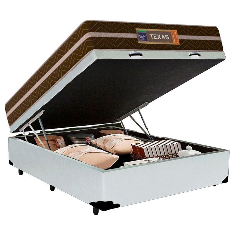 Cama Box Baú Casal Sintético Colchão Molas Ensacadas 138cm Branco Suporta Até 120 Kg Por Pessoa