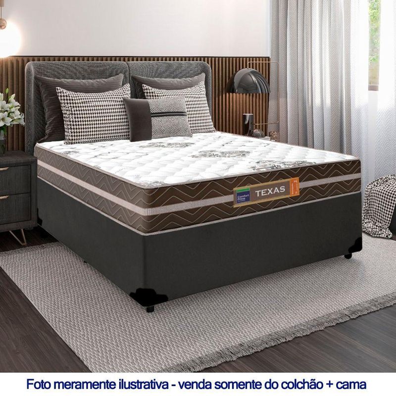 Cama Box Casal Sintético + Colchão Molas Ensacadas Texas Colchões 138cm Cinza - Suporta Até 120 Kg Por Pessoa