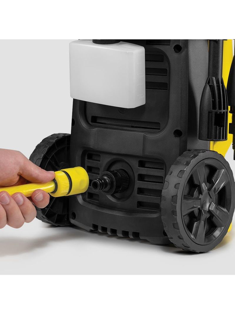 Lavadora de alta pressão karcher wash jet 1500psi 1400w aplicador de detergente porta acessórios integrado amarela e preta