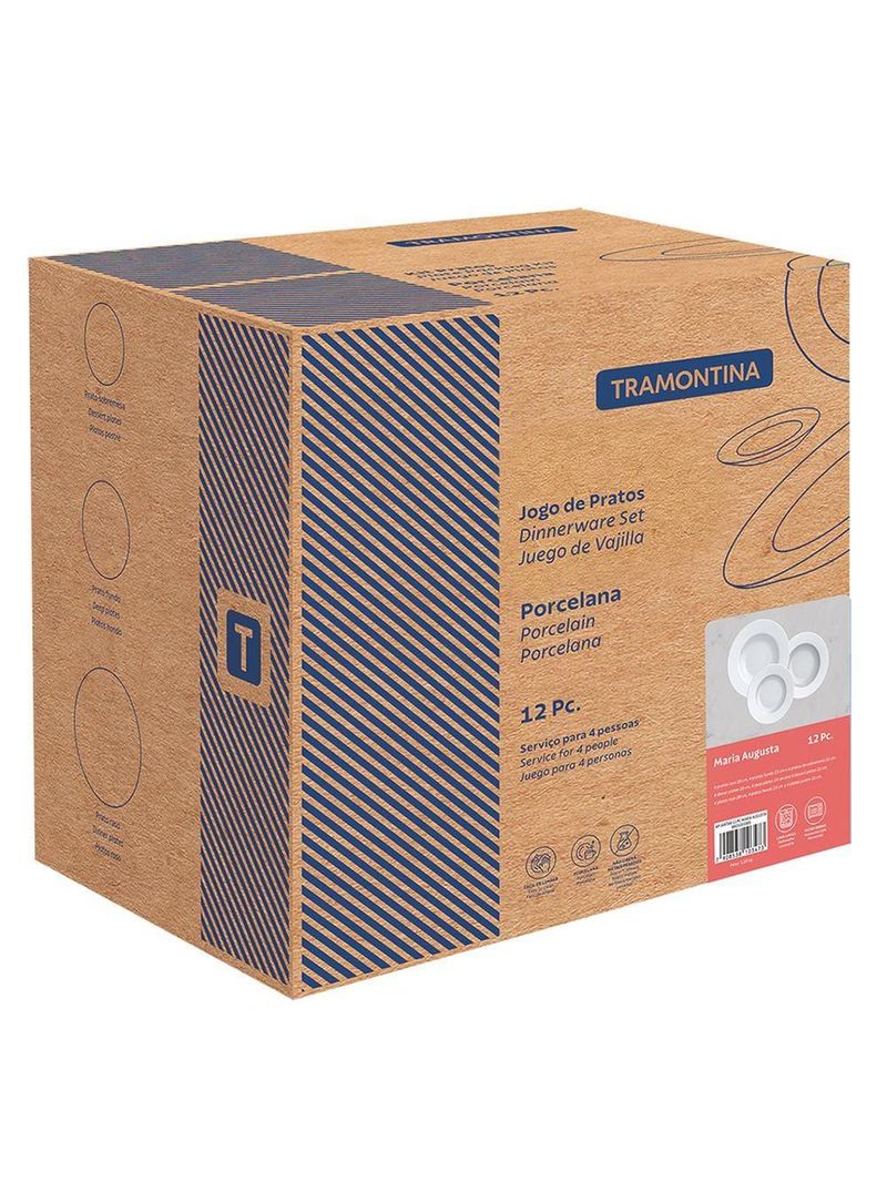 Conjunto com 12 pratos tramontina maria augusta em porcelana - branco