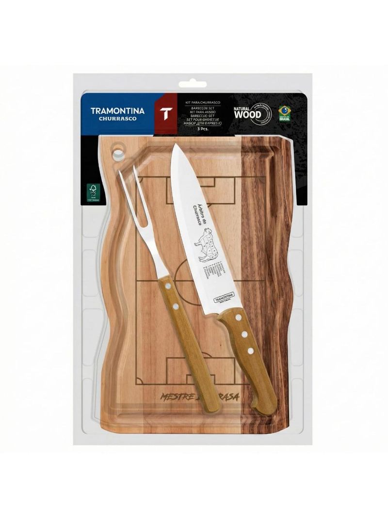 Kit churrasco tramontina copa do mundo 3 peças aço inox