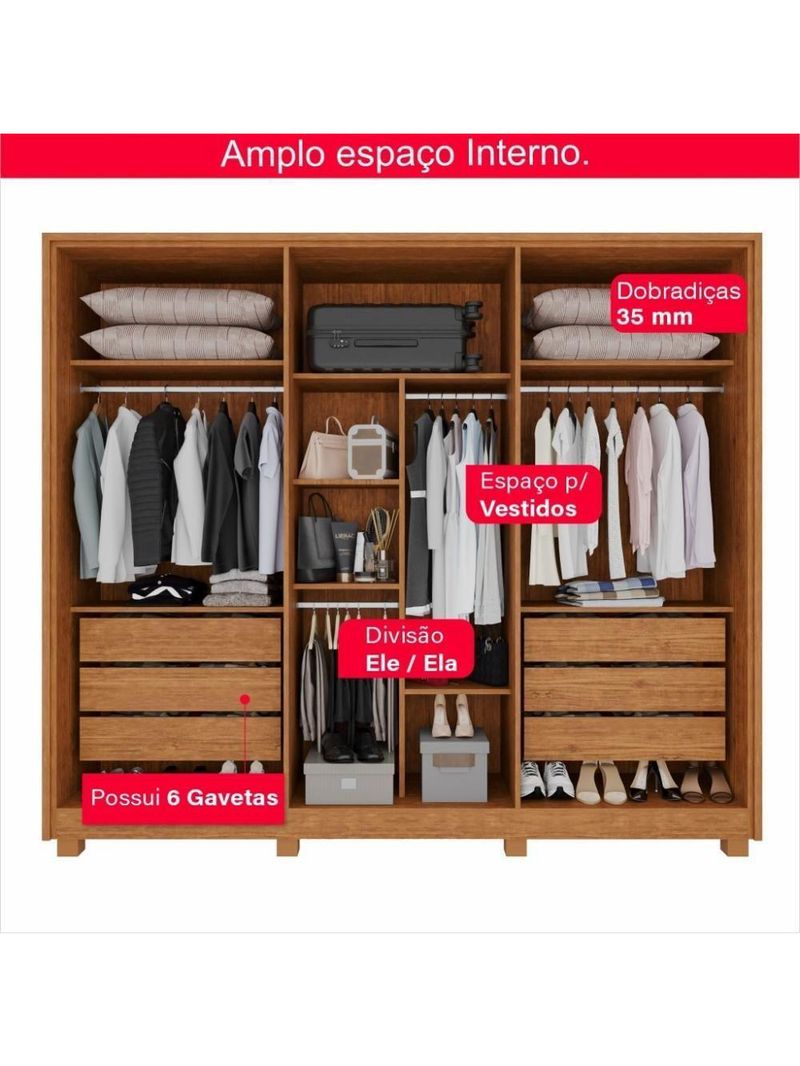 Guarda-roupa Casal 100% Mdf 6 Portas E 6 Gavetas Premium Ripado