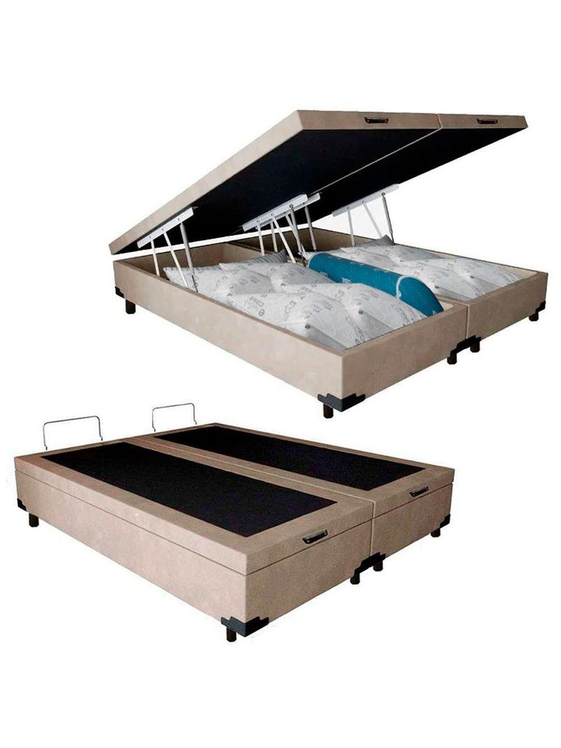 Cama Box Baú King Bipartido Suede Cama Bege 192x203x45cm