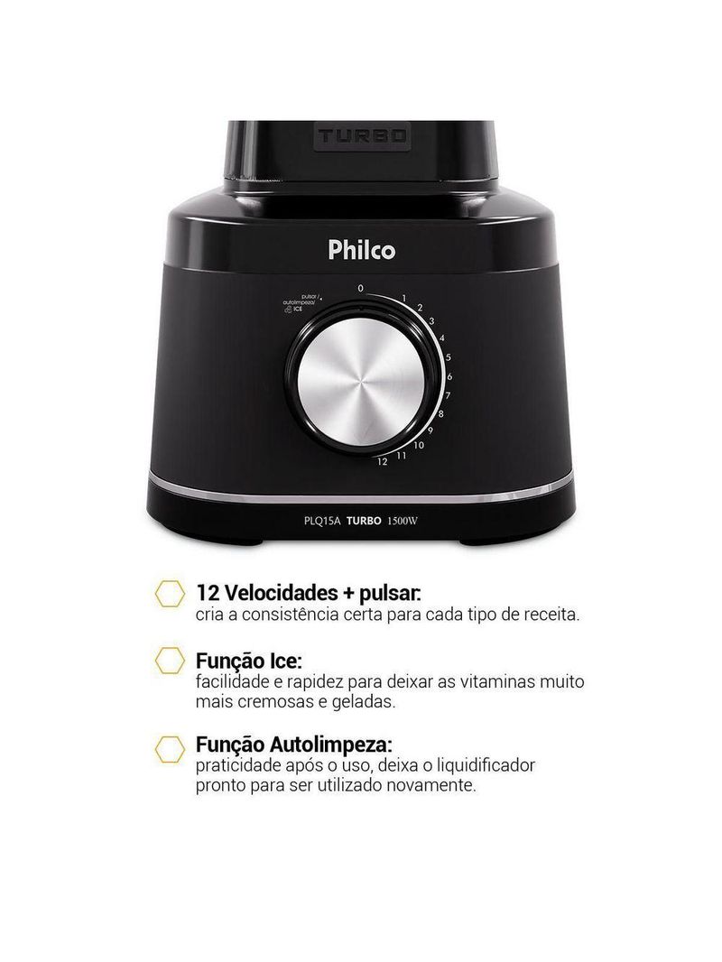 Liquidificador Philco 1500W 12 velocidades 3,1L PLQ15A 220V