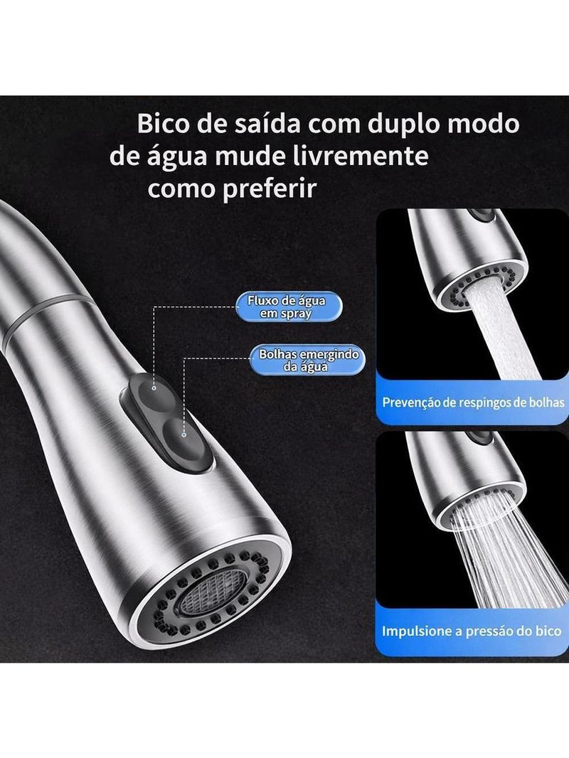 Torneira Goumert Flexivel Prateada Misturador Monocomando Extensivel Cozinha Bancada Pia Quente Fria 2 Jatos Mangueira R