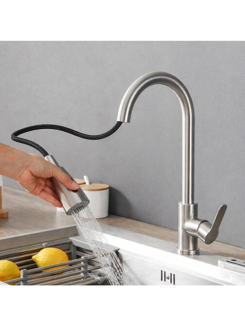 Torneira Goumert Flexivel Prateada Misturador Monocomando Extensivel Cozinha Bancada Pia Quente Fria 2 Jatos Mangueira R