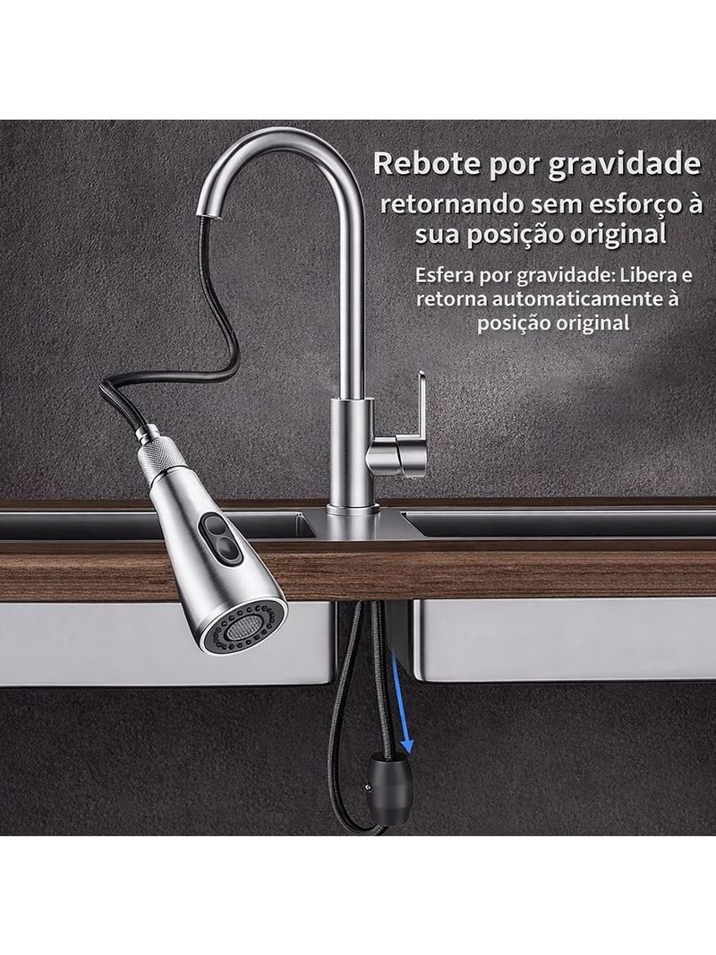 Torneira Goumert Flexivel Prateada Misturador Monocomando Extensivel Cozinha Bancada Pia Quente Fria 2 Jatos Mangueira R