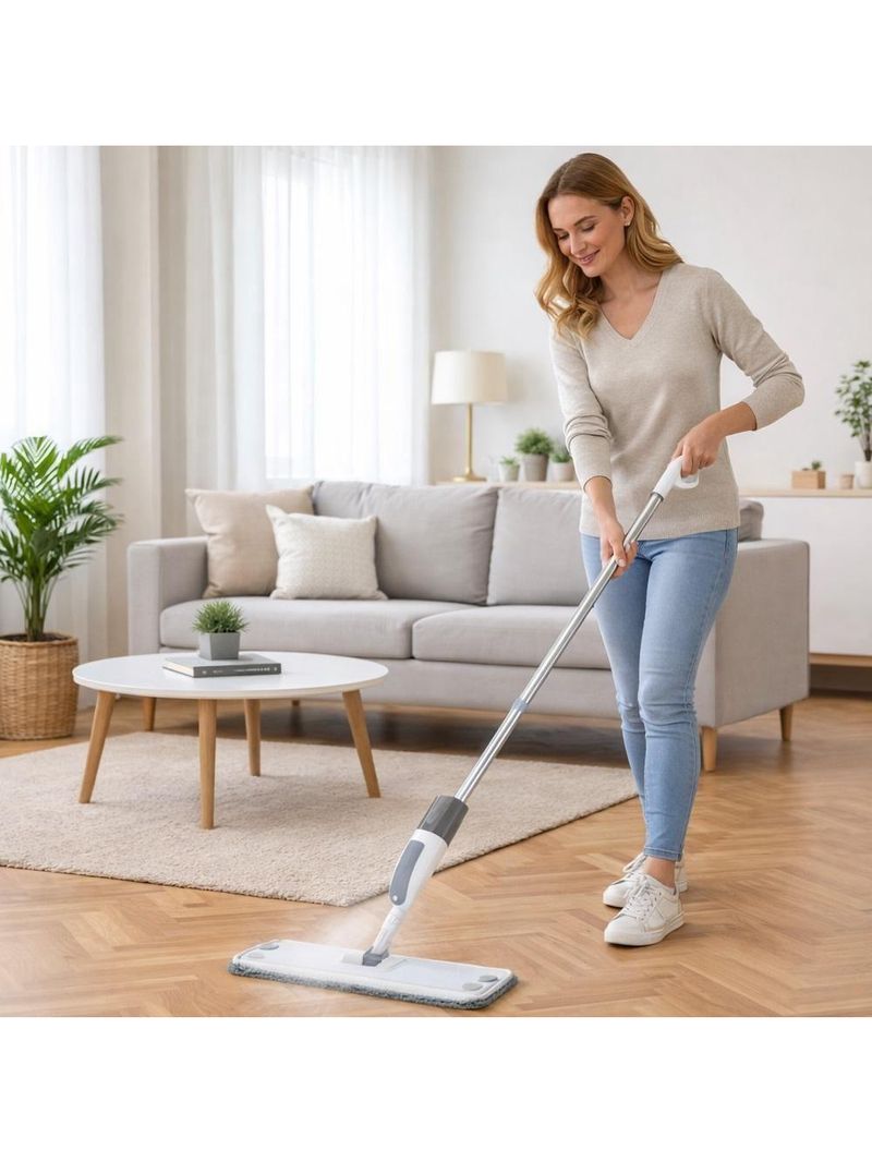 Rodo Mop Spray Esfregao 3 Em 1 Limpa Seca Vassoura Dispenser Reservatorio Borifador Pano Microfibra Inox Profissional