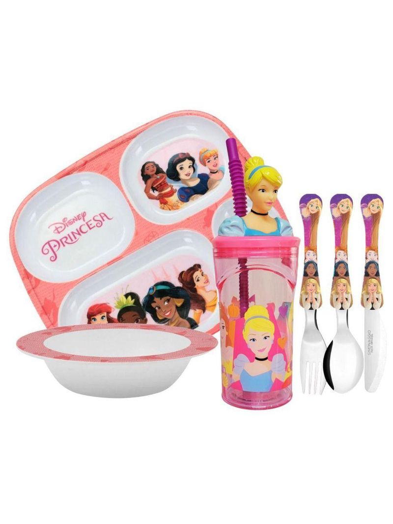 Kit Refeição Infantil Princesas Disney 6 Peças Prato Divisória, Tigela, Copo E Talheres - Tuut