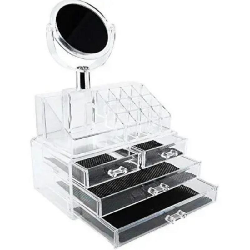 Organizador De Cosmeticos Maquiagem 4 Gavetas E Espelho Acrilico Porta Batom Pincel Lapis Joia