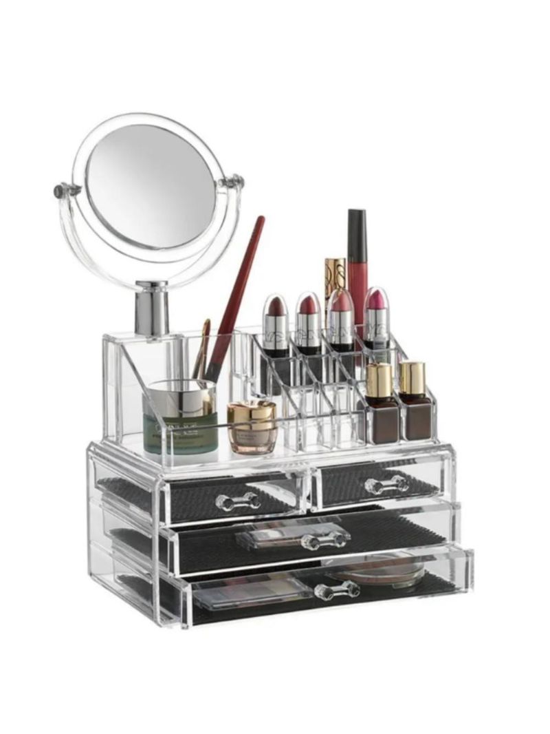 Organizador De Cosmeticos Maquiagem 4 Gavetas E Espelho Acrilico Porta Batom Pincel Lapis Joia