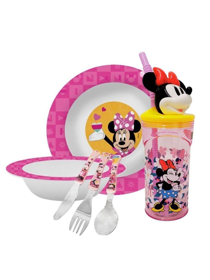 Kit Refeição Infantil Minnie Disney 6 Peças Prato, Tigela, Copo 3d E Talheres