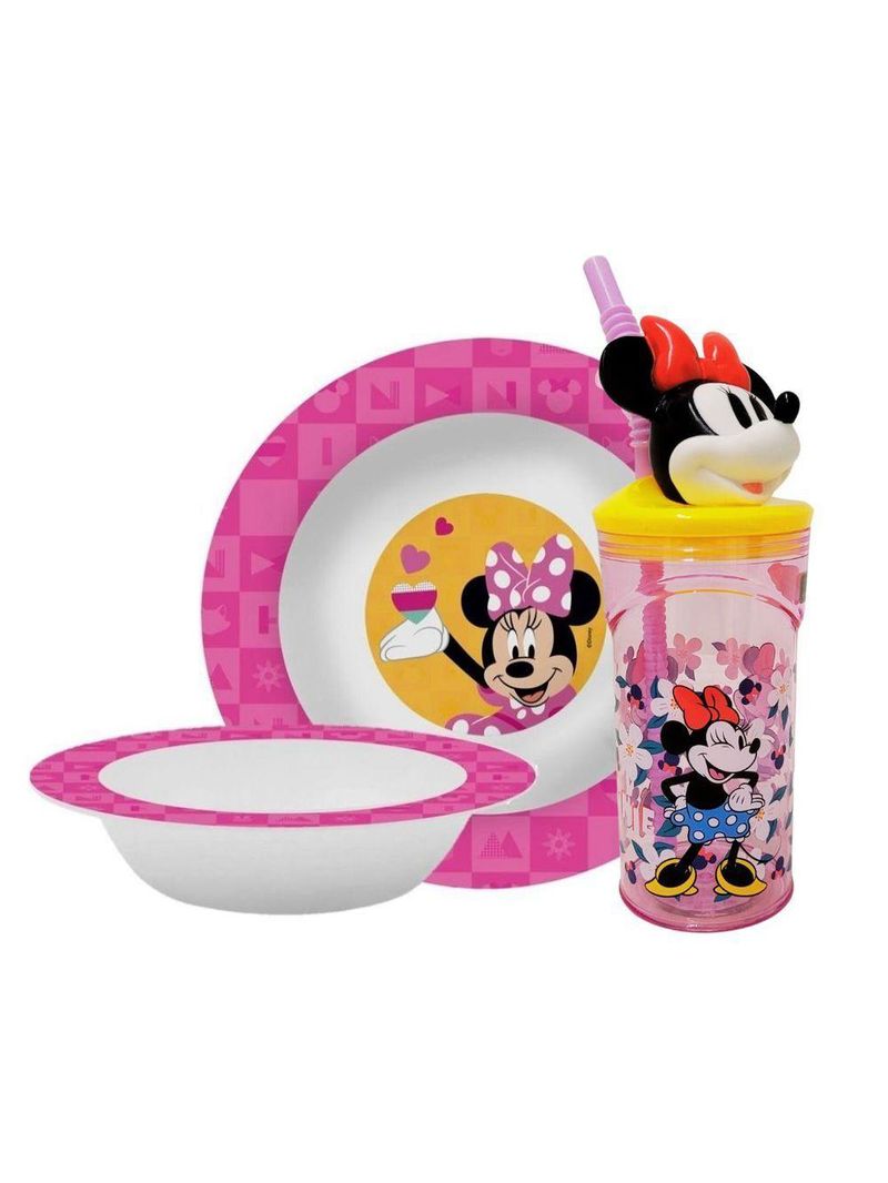 Kit Refeição Infantil Minnie Disney 3 Peças Prato, Tigela E Copo 3d 360ml
