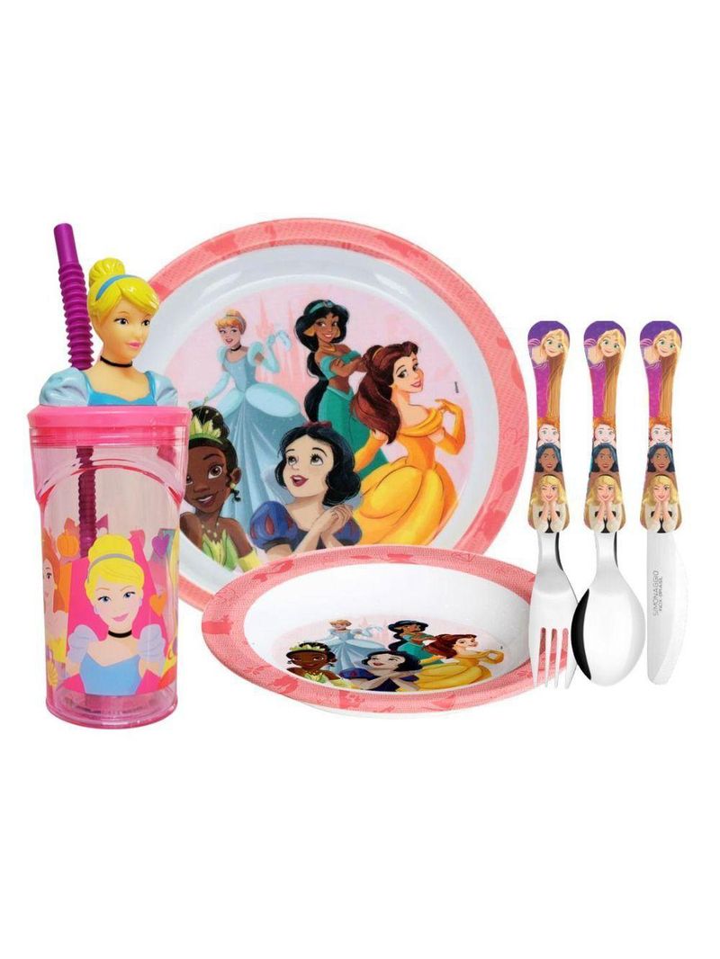 Kit Refeição Infantil Princesas Disney 6 Peças Prato, Tigela, Copo E Talheres - Tuut