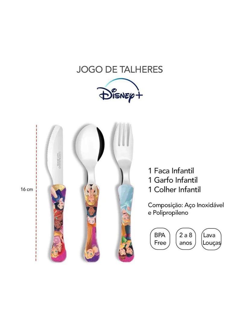 Kit Refeição Infantil Princesas Disney 6 Peças Prato, Tigela, Copo E Talheres - Tuut