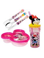 Kit Lancheira Infantil Minnie Disney 5 Peças Pote Com Tampa, Copo 3d E Talheres