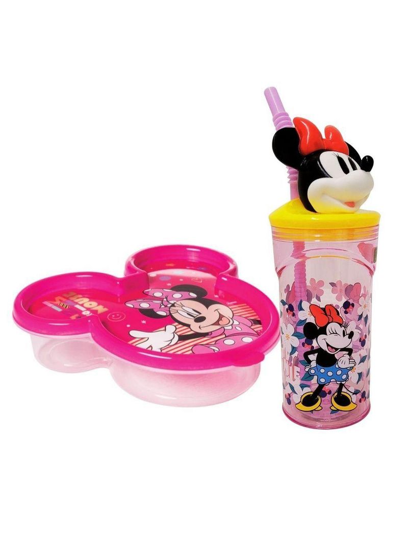 Kit Copo 3d Com Canudo 360ml E Pote Com Tampa Rosto Minnie Mouse Disney