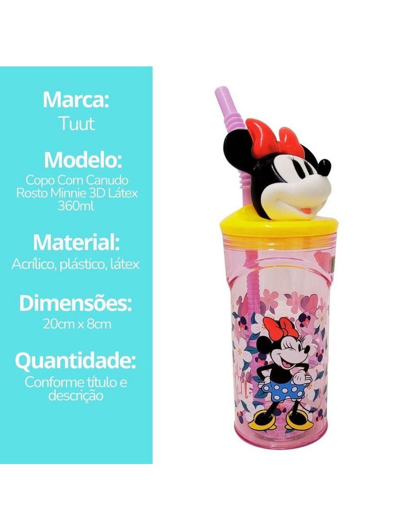 Kit Copo 3d Com Canudo 360ml E Pote Com Tampa Rosto Minnie Mouse Disney