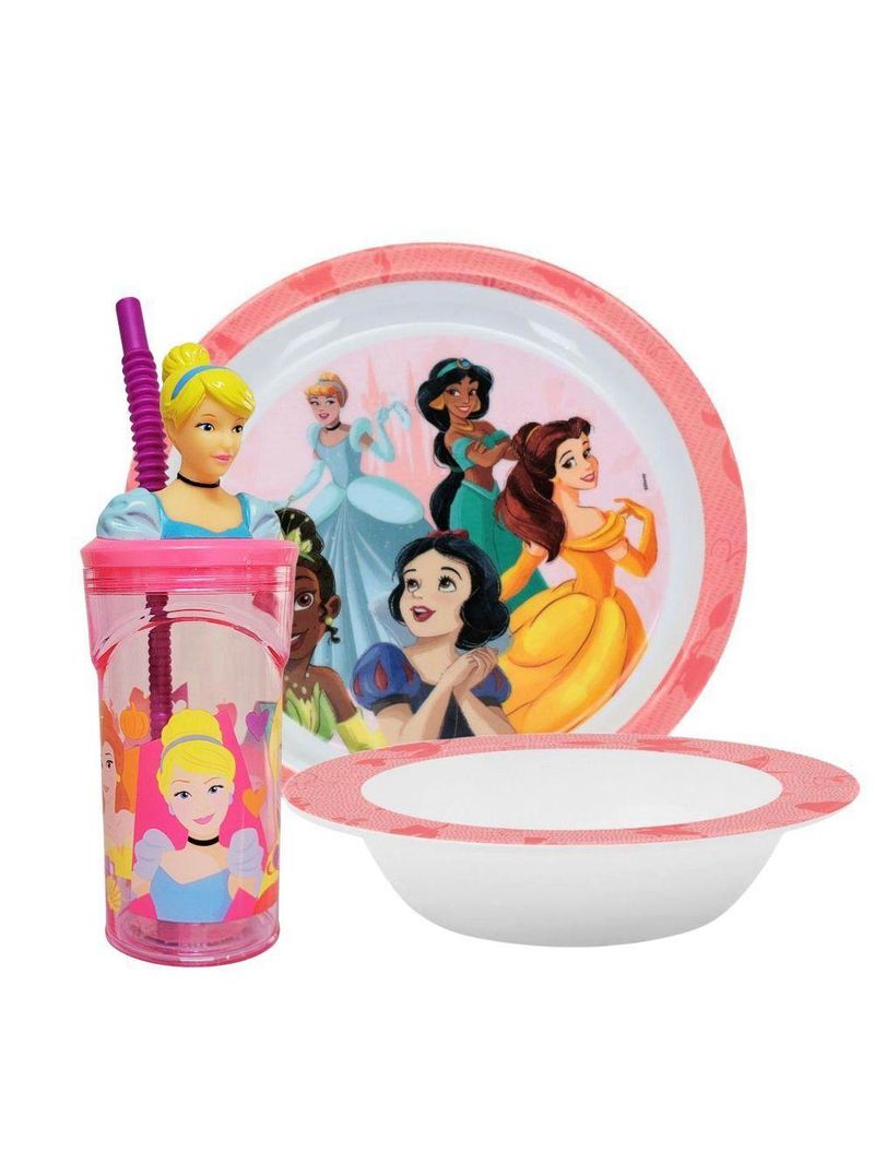 Jogo Refeição Infantil Princesas Disney 3 Peças Prato, Tigela E Copo Melamina - Tuut