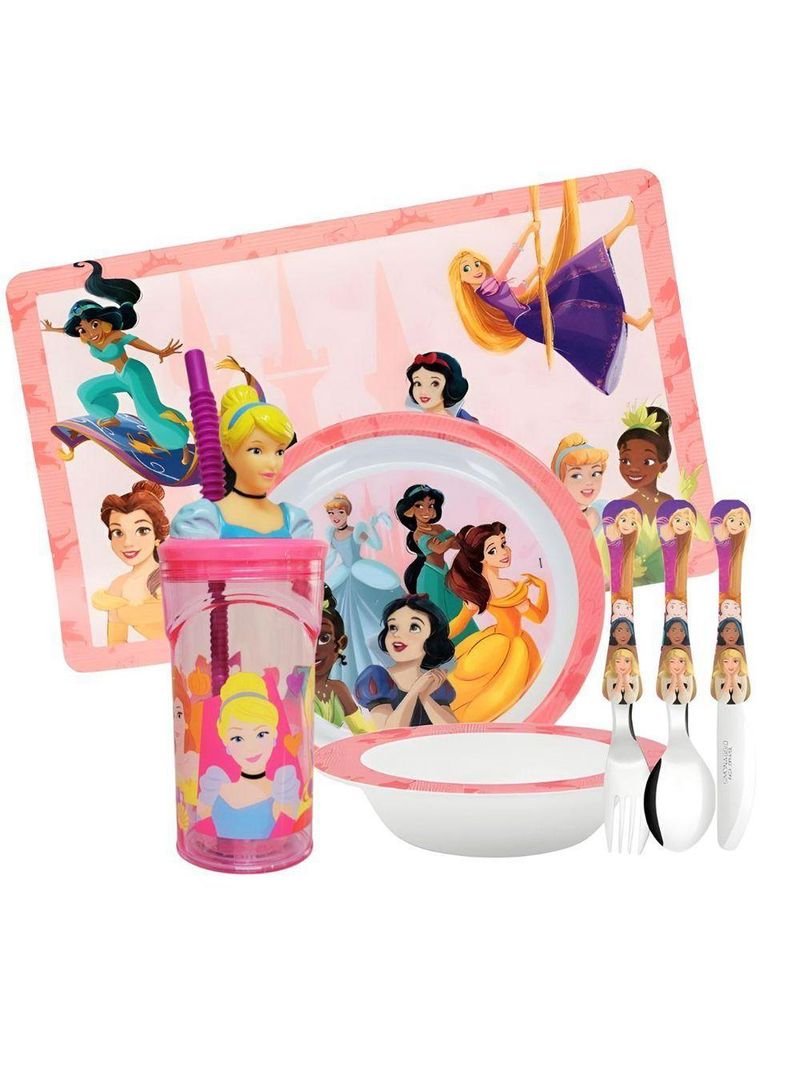 Jogo Refeição Infantil Princesas Disney 7 Peças Tigelas, Copo, Lugar Americano E Talheres - Tuut