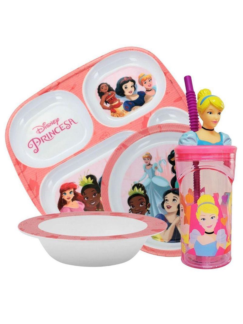 Jogo Refeição Infantil Princesas Disney 4 Peças Bandeja Divisória, Prato Fundo, Tigela E Copo Melamina - Tuut