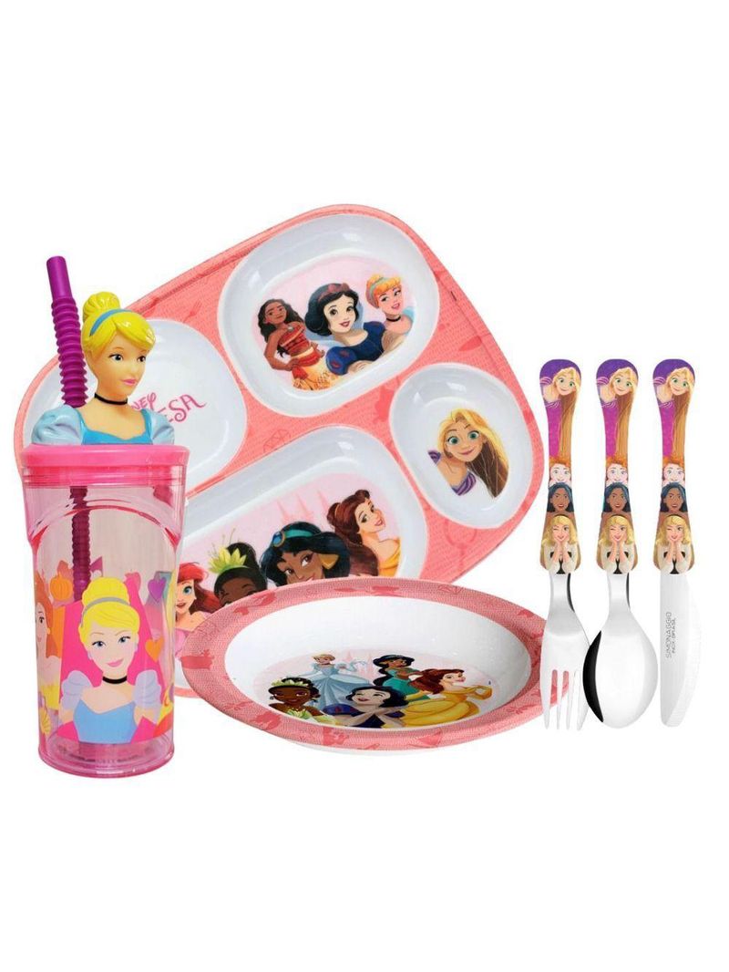 Jogo Refeição Infantil Princesas Disney 6 Peças Prato Divisória, Prato Fundo, Copo E Talheres - Tuut
