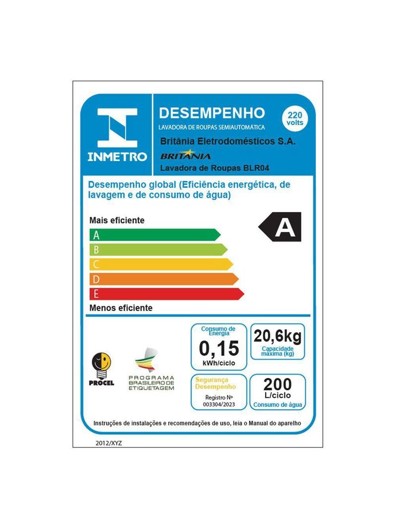 Tanquinho de Lavar Roupa 20,6KG Britânia Semiautomático BLR04 220V