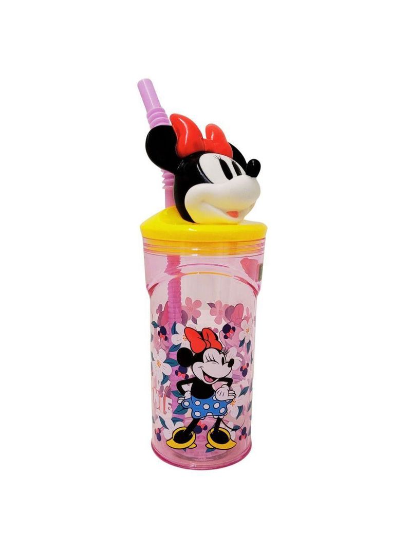 Copo 3d Infantil Com Canudo Minnie Mouse Disney Rosa E Amarelo 360ml - Tuut
