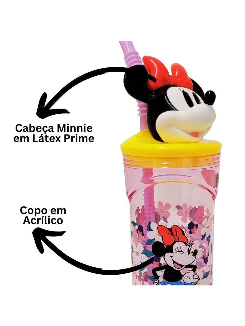 Copo 3d Infantil Com Canudo Minnie Mouse Disney Rosa E Amarelo 360ml - Tuut