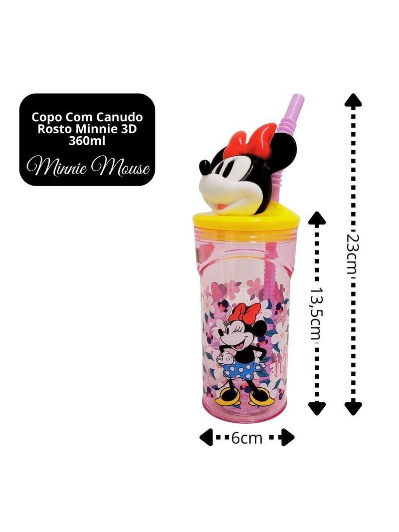 Copo 3d Infantil Com Canudo Minnie Mouse Disney Rosa E Amarelo 360ml - Tuut