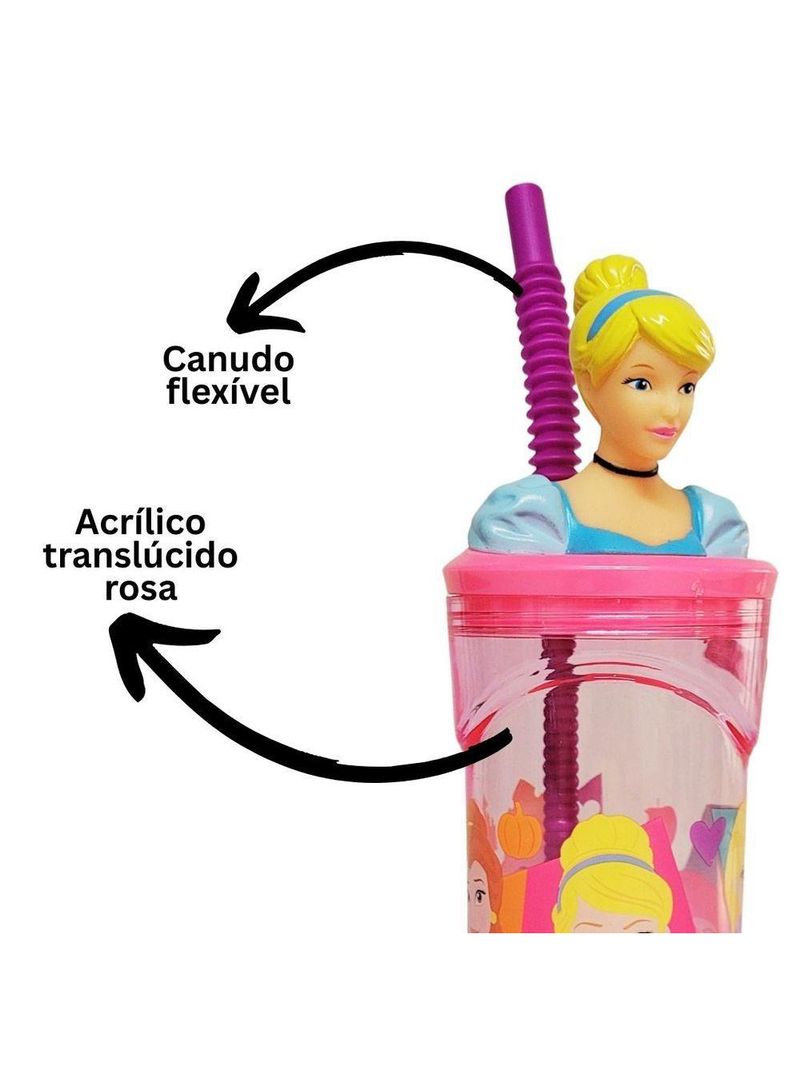Copo Infantil Cinderela 3d Com Canudo 360ml Princesas Disney - Tuut