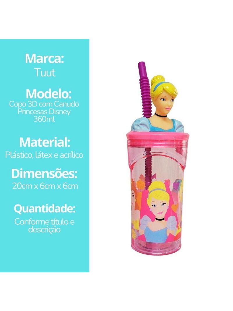 Copo Infantil Cinderela 3d Com Canudo 360ml Princesas Disney - Tuut