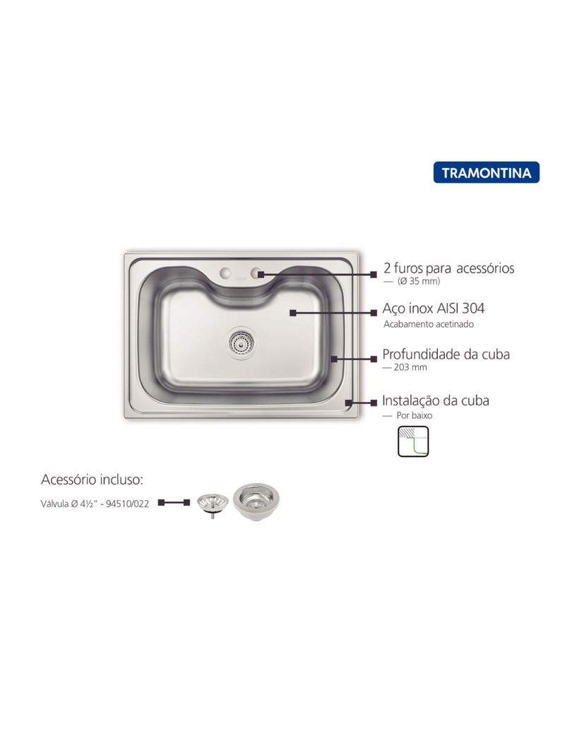 Cuba Tramontina Morgana Undermount 69 x 49 cm em Aço Inox Acetinado com Válvula OUTLET