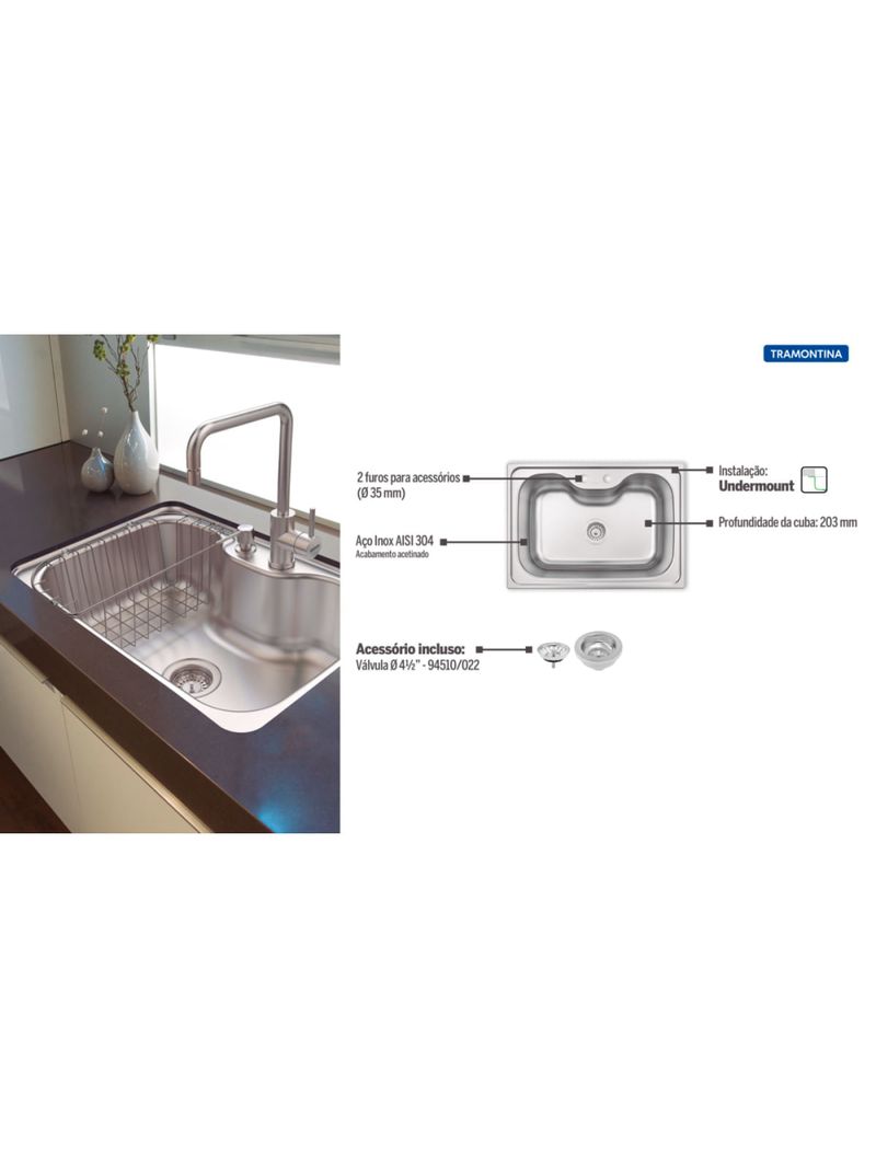 Cuba Tramontina Morgana Undermount 69 x 49 cm em Aço Inox Acetinado com Válvula OUTLET