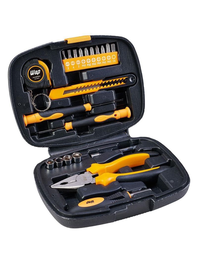 Kit de ferramentas manuais wap mkf21 com trena, chaves, estilete, alicate, maleta – 21 peças